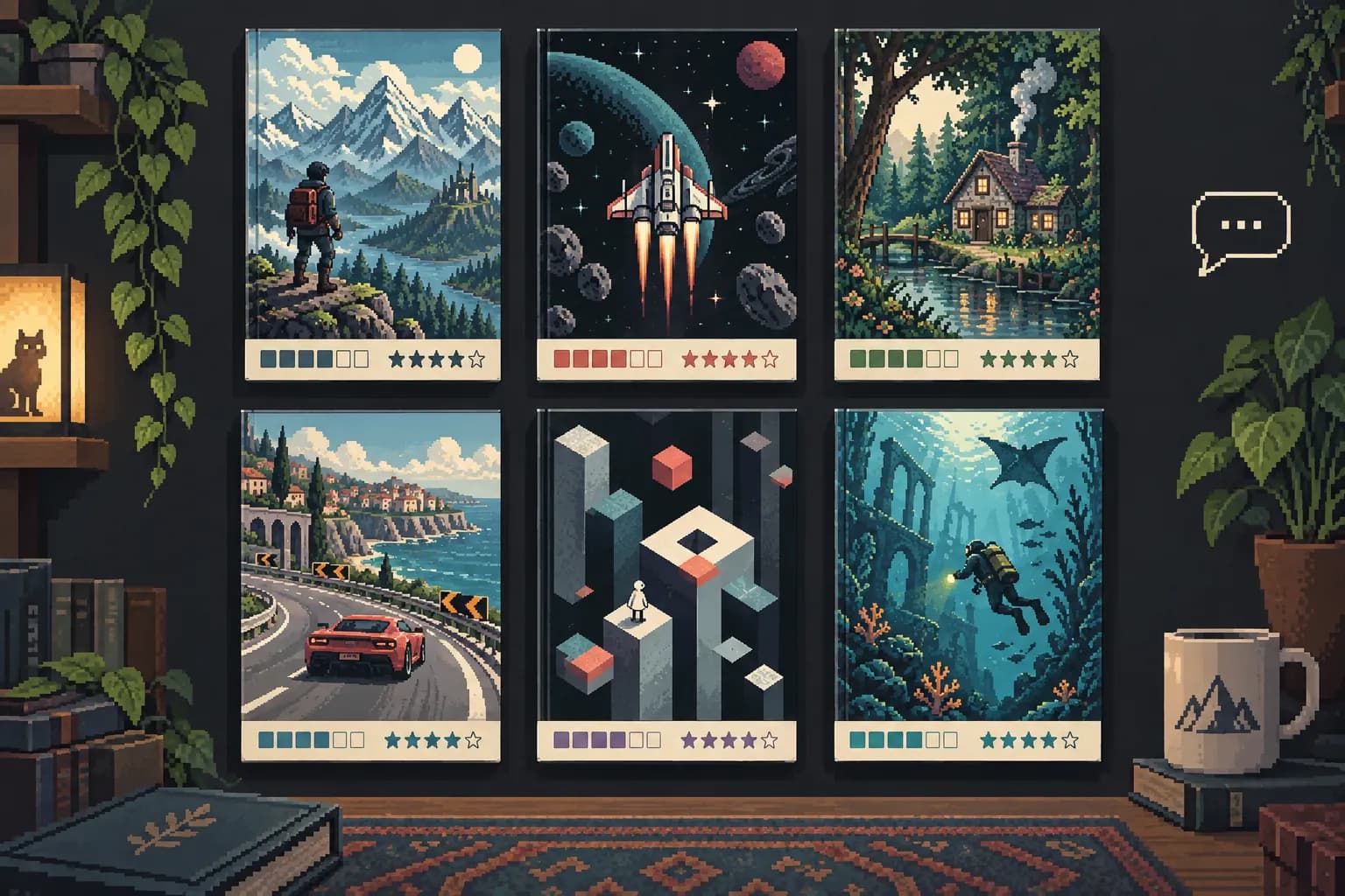 Pixelillustratie van een persoonlijke gamecollectie met voortgang en beoordelingen