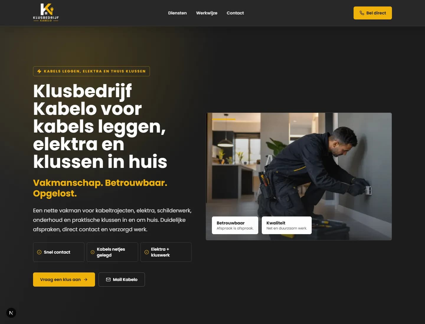 Schermopname van de Kabelo-website met kabelspecialisatie, diensten en contactacties