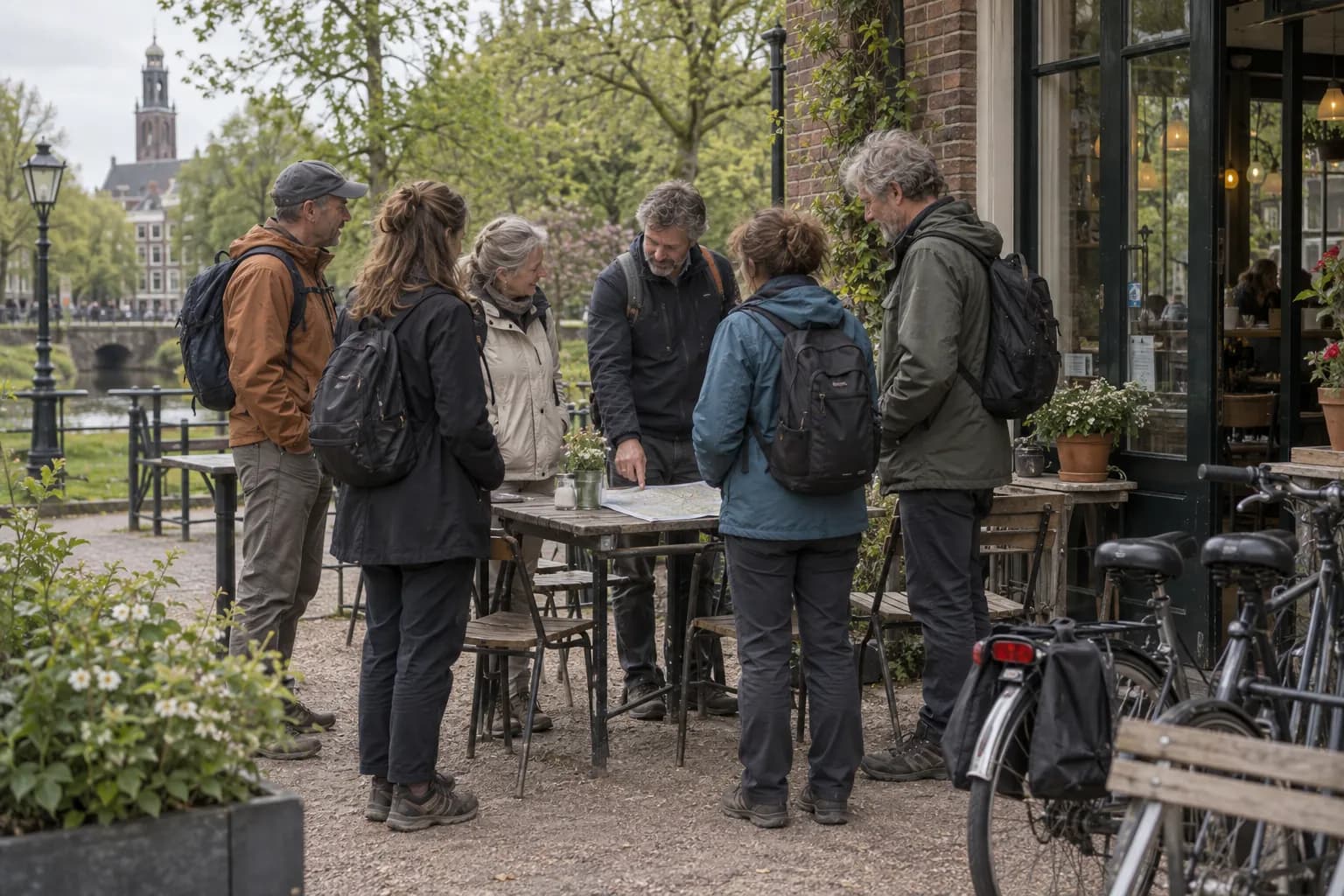 Illustratief sfeerbeeld van een wandelgroep die bij een café een route bespreekt