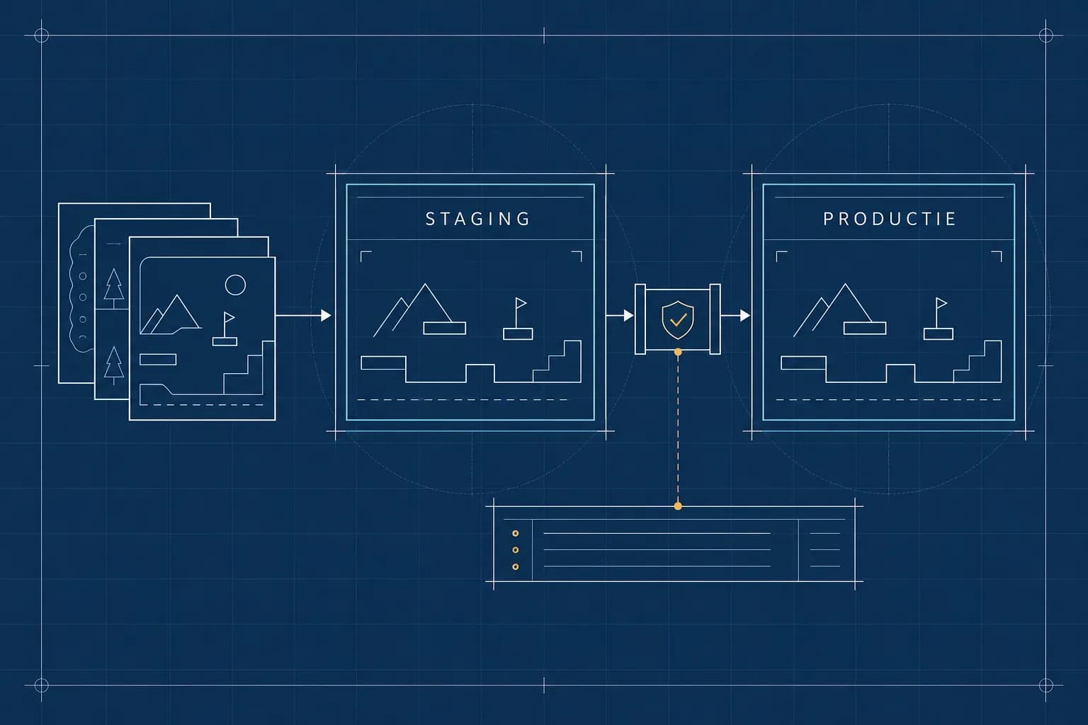 Technische illustratie van gamebeheer en een gecontroleerde overgang van staging naar productie