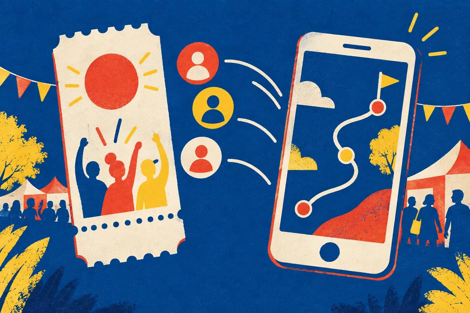 Grafische illustratie van een evenementticket en speelse mobiele deelname aan een campagne